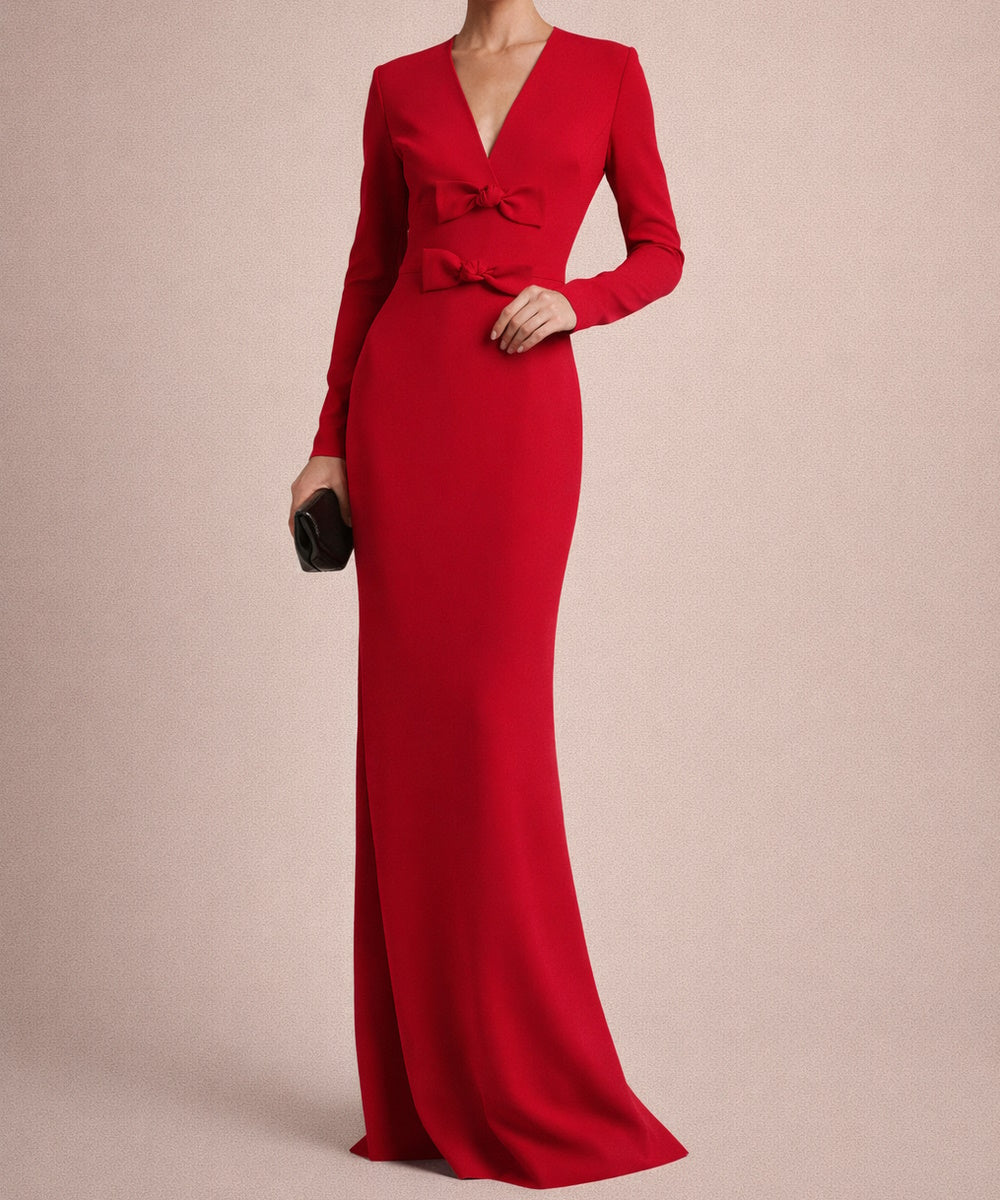 Red Deep V Double Bow Long Sleeve Mermaid Train Evening Gown