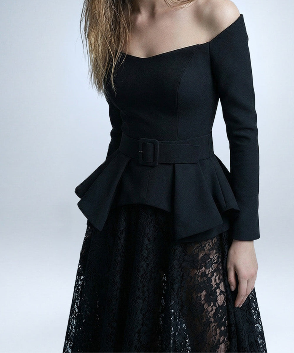 Off‑Shoulder Long Sleeve Peplum Midi Dress With Floral Lace Skirt & Belt