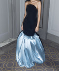 Strapless Black Velvet Dusty Blue Satin Mermaid Ball Evening Gown