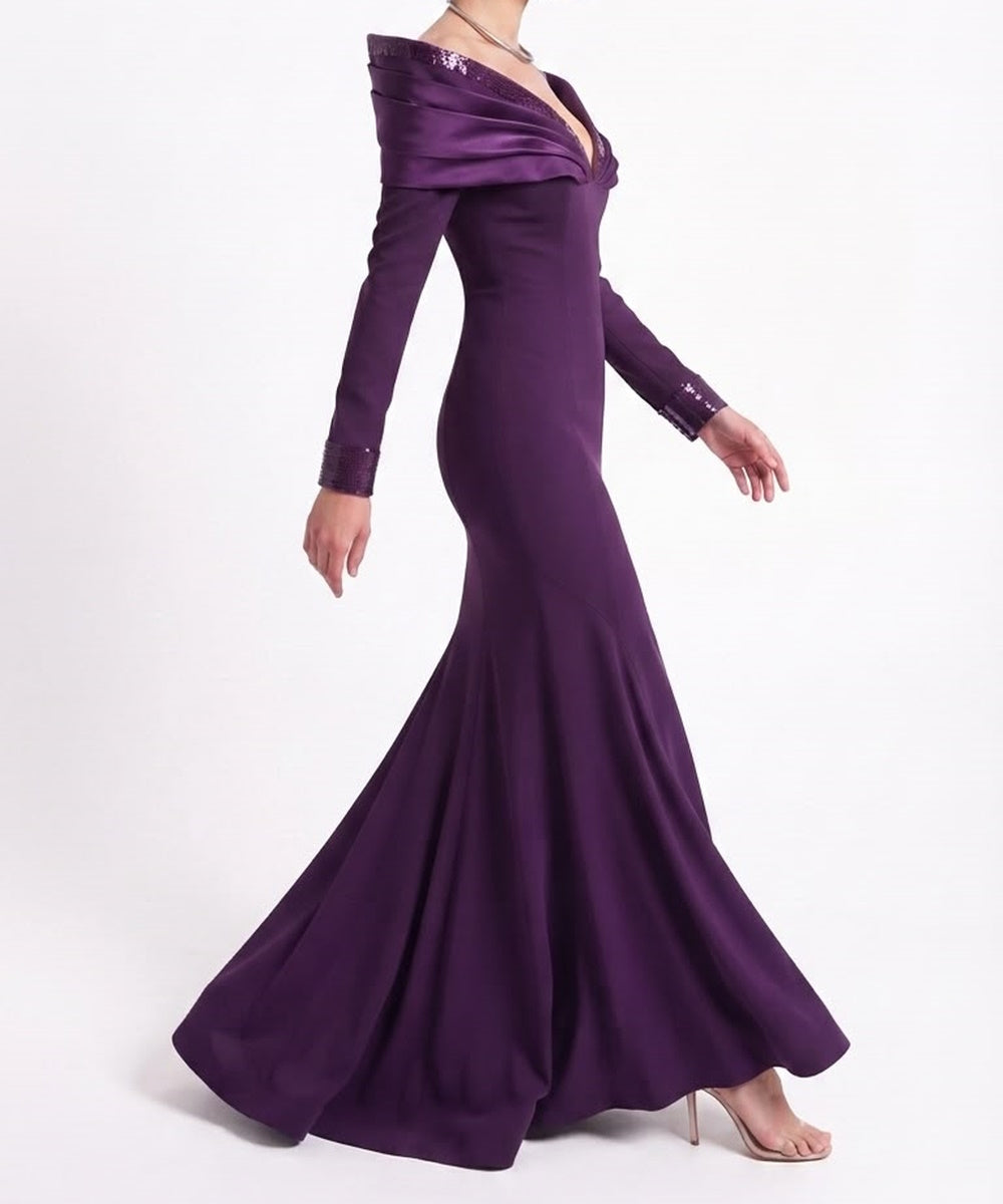 Purple Off Shoulder Long Sleeve Sequin Mermaid Formal Evening Gown