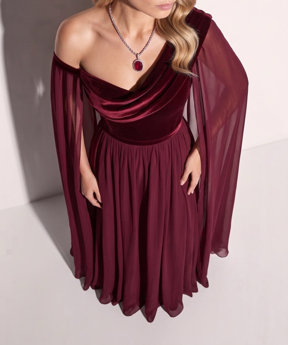 Burgundy Velvet Cowl Neck Chiffon Cape Sleeve A-Line Evening Gown
