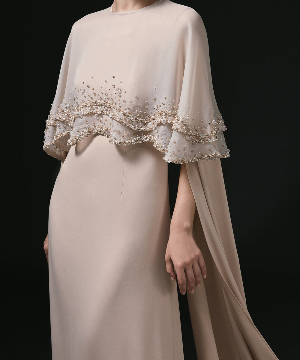 Champagne Beaded Ruffled Cape Overlay Modest Formal Maxi Evening Gown