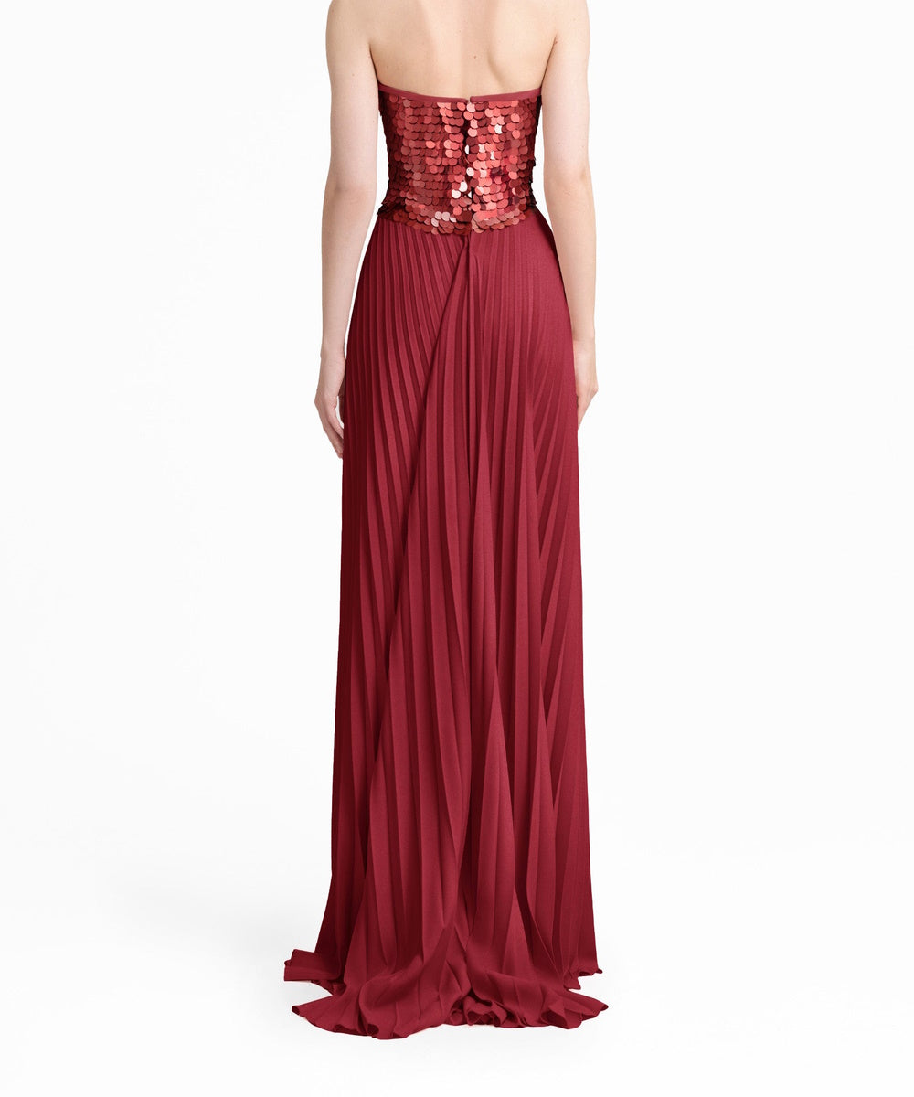 Burgundy Strapless Sequin Bodice Pleated Maxi Evening Gown