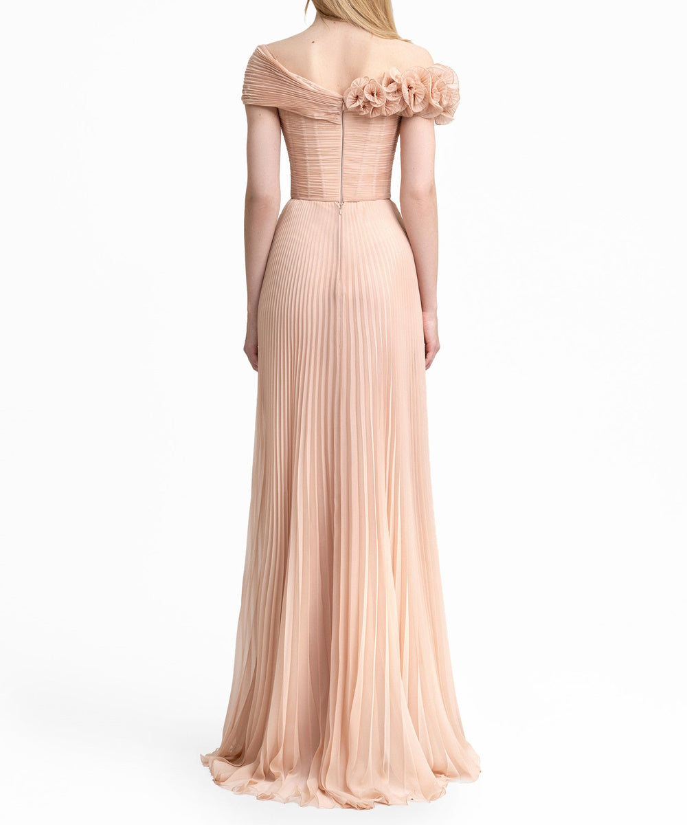 Blush Pink Asymmetric Off Shoulder 3D Floral Pleated Chiffon Maxi Evening Gown