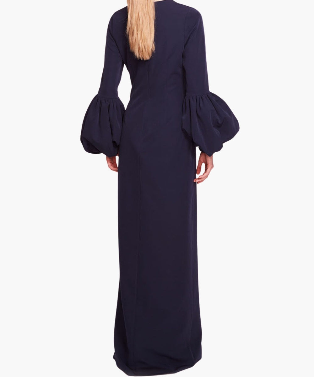 Navy Beaded Keyhole Column Gown With Puff Balloon Long Sleeves