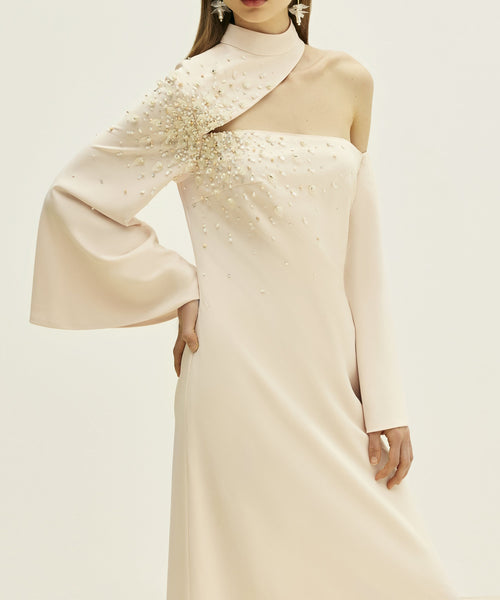 Asymmetric One-Shoulder Beaded Long Sleeve Straight Floor-Length Evening Dress