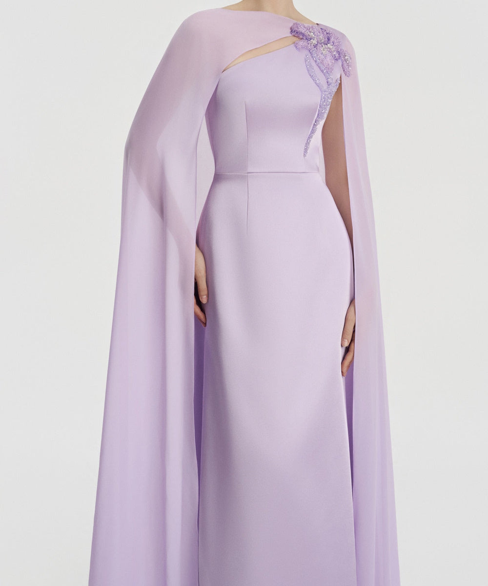 Lilac Cape Sleeve Beaded Floral Cutout Formal Evening Gown
