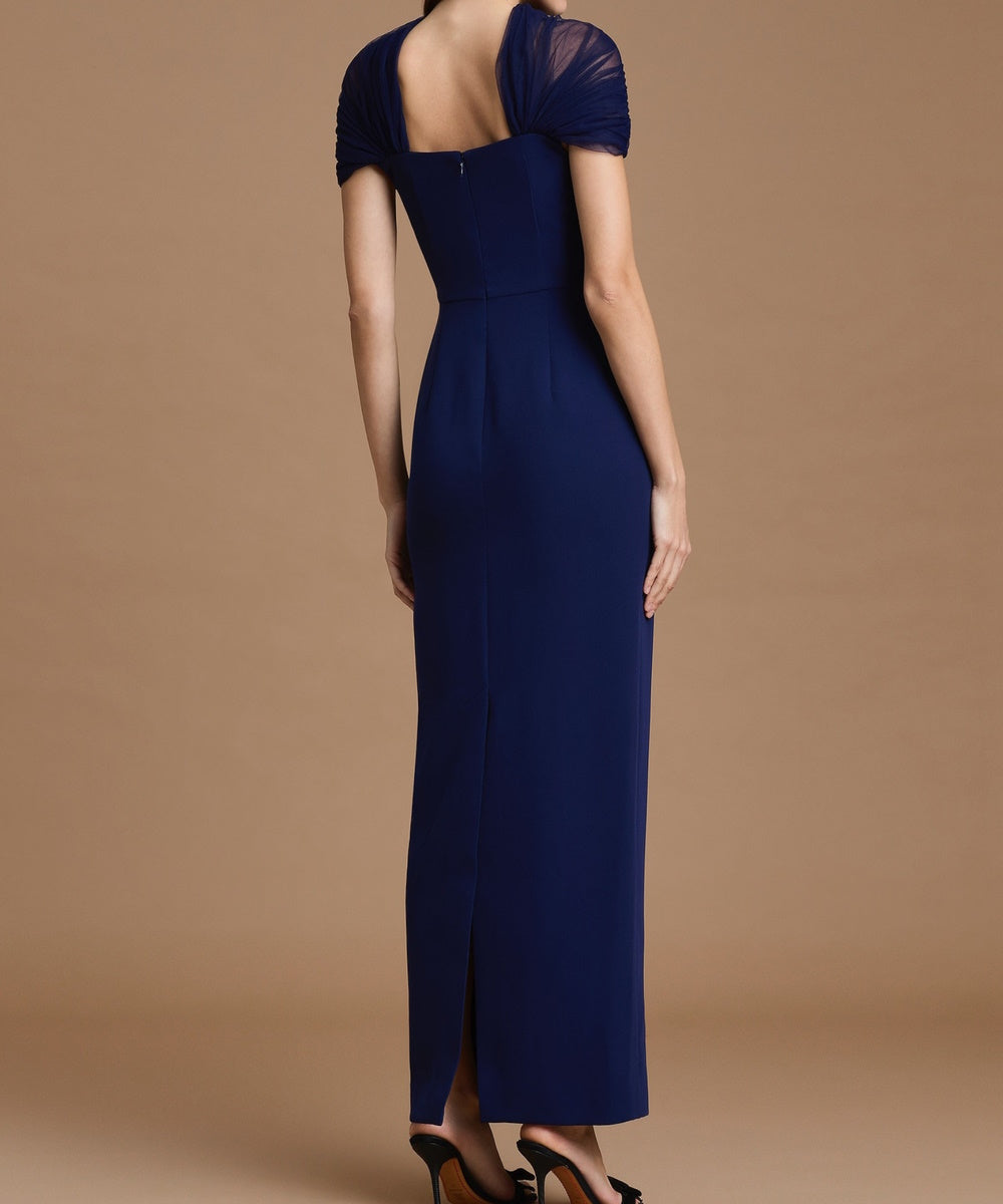 Navy Blue Draped Tulle Neck Midi Sheath Evening Dress