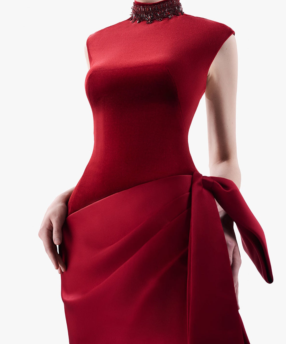 Burgundy Velvet Satin High Neck Beaded Mermaid Evening Gown With Side Bow Draping