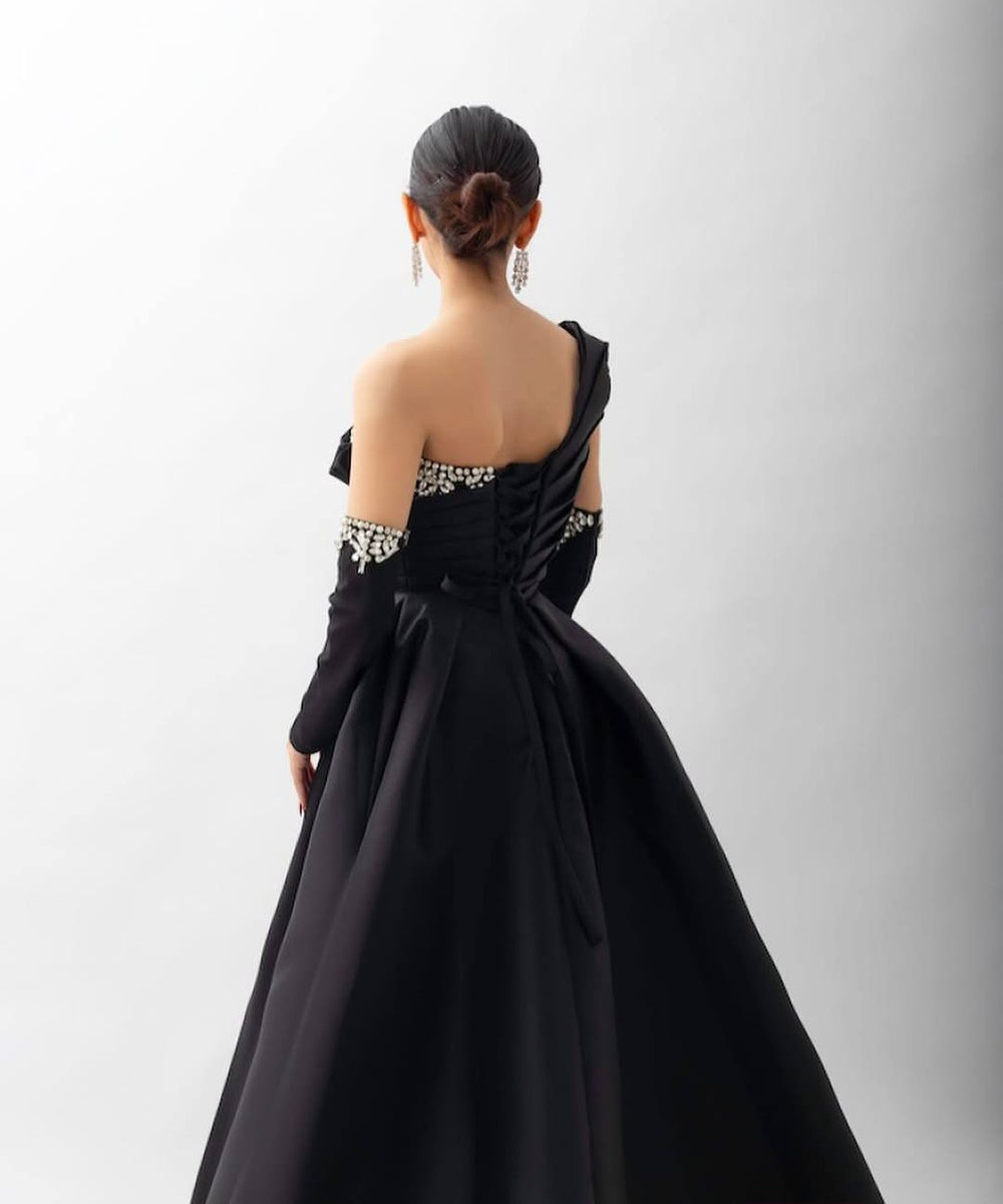 Black Satin One Shoulder Ruched Crystal Embellished Ball Gown With Detachable Arm Cuffs