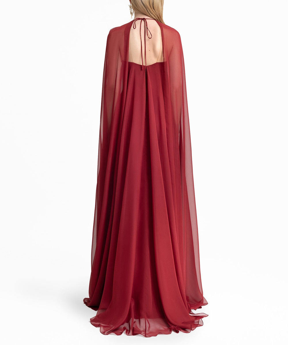 Burgundy Sheer Chiffon Cape Overlay Bow Neck Flowy Maxi Evening Gown