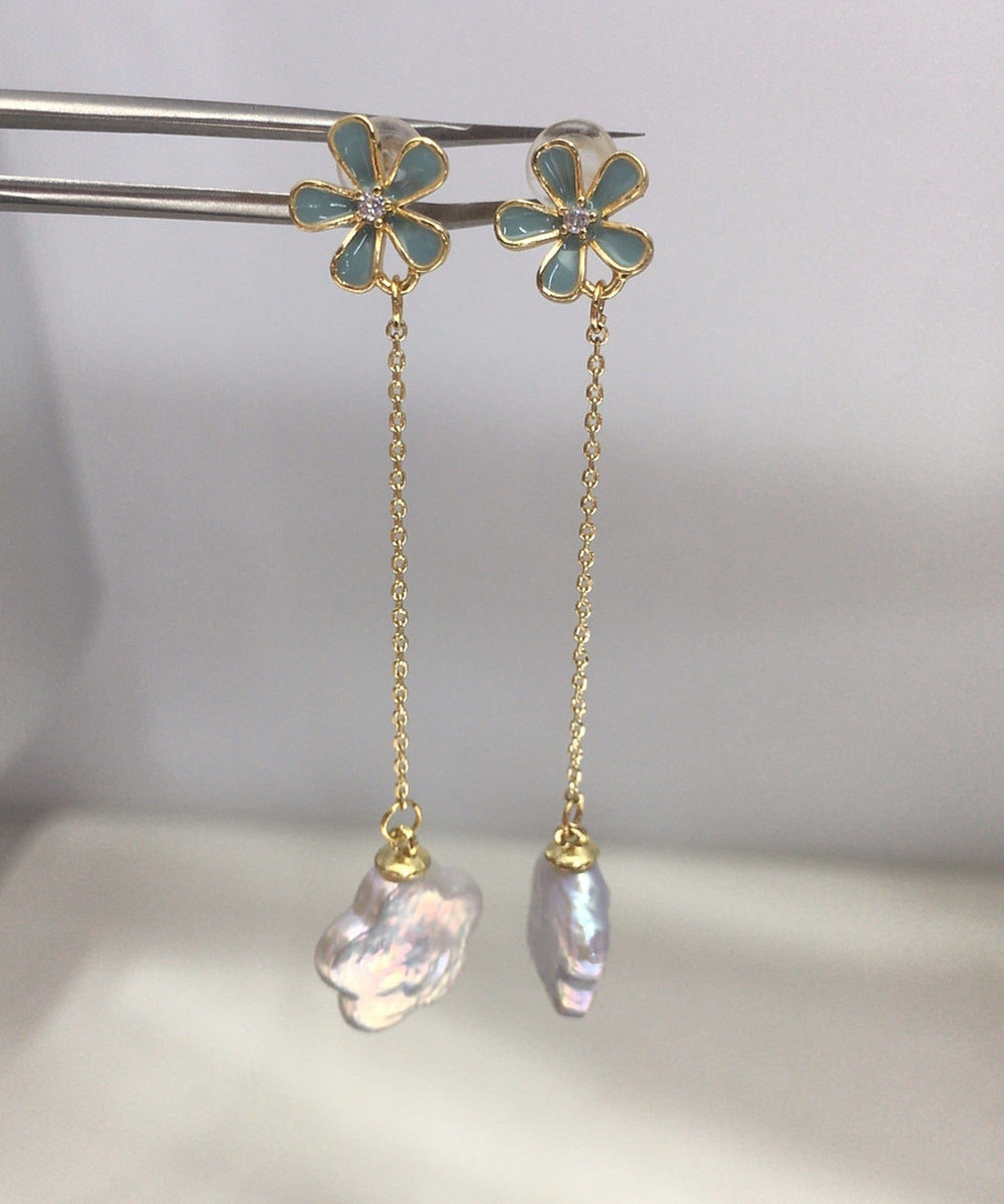 Light Blue Enamel Flower Long Chain Baroque Petal Pearl Drop Earrings
