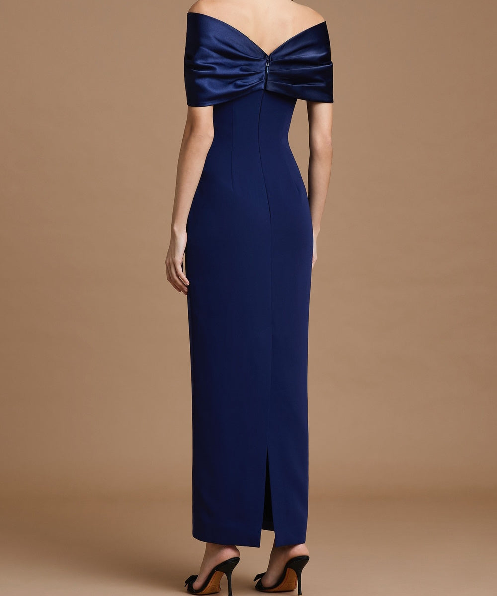 Navy Blue Off Shoulder Satin Bow Sheath Midi Evening Dress