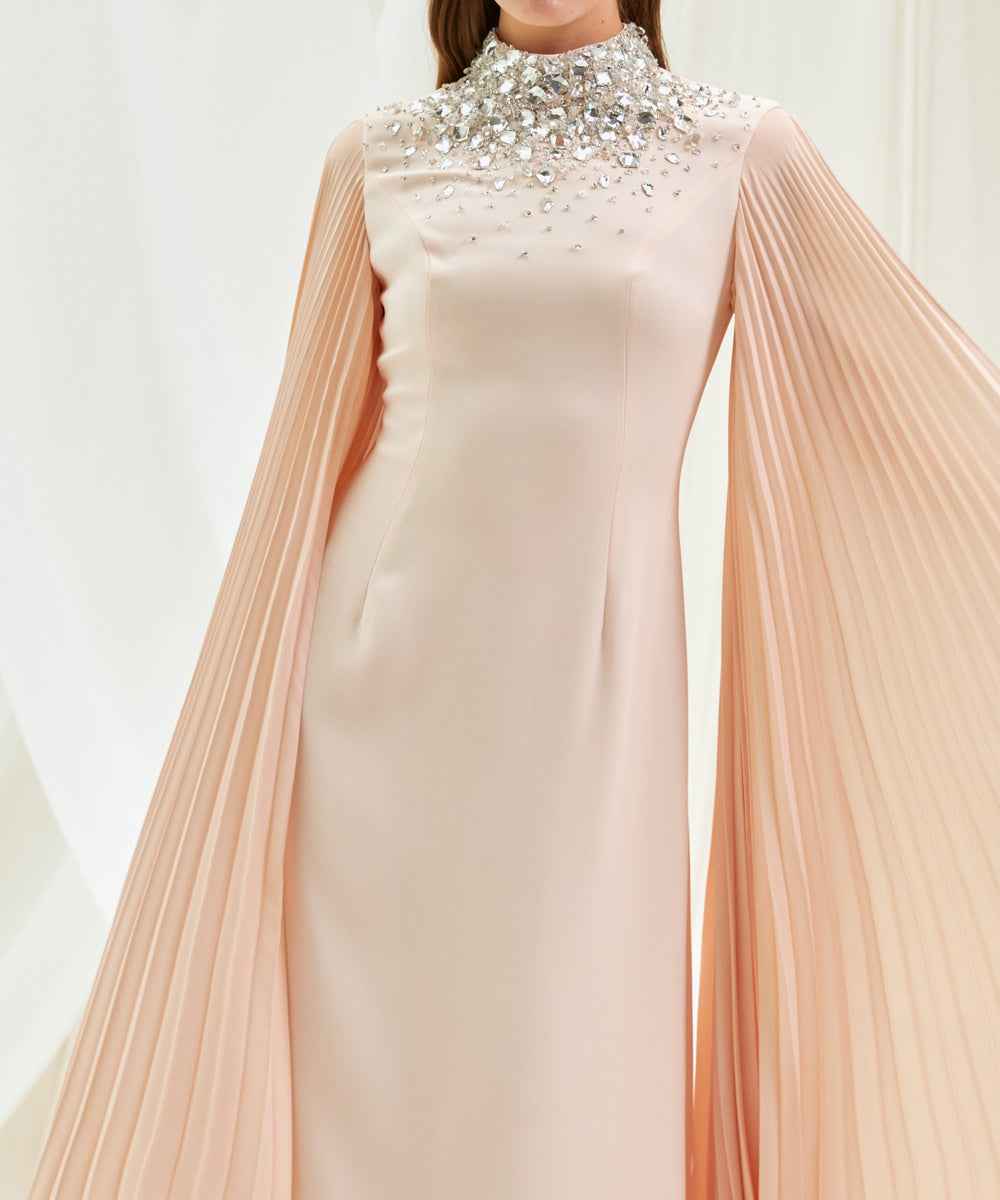 Blush Rhinestone High Neck Pleated Cape Sleeve Slim Floor-Length Evening Dress