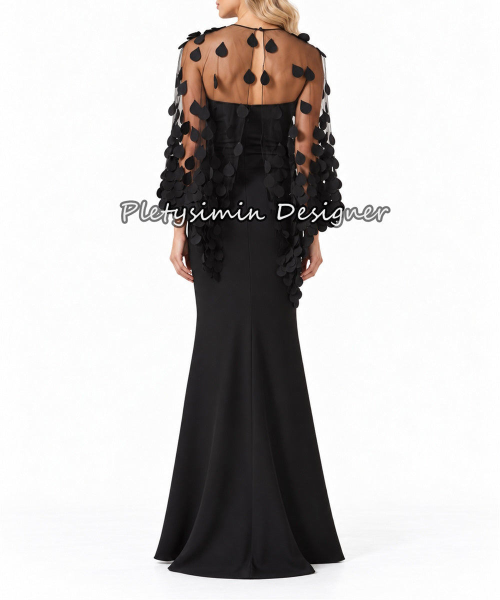 Black Mermaid Evening Gown With 3D Petal Mesh Cape Sleeve