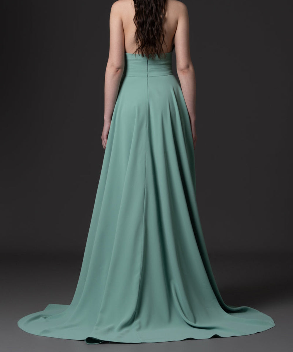 Halter V-Neck Rhinestone Embellished Flowy Chiffon Evening Gown With Train