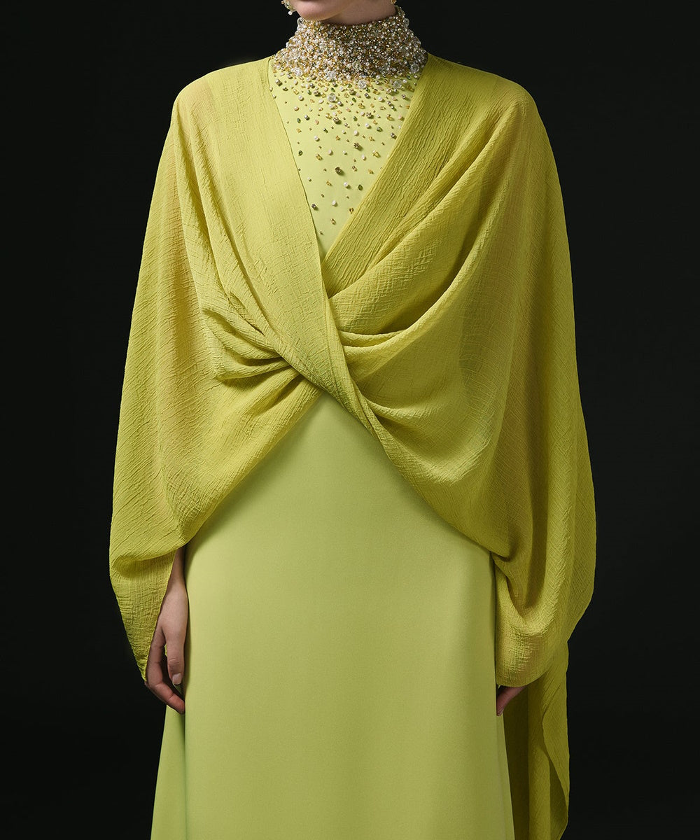 Lime Green Beaded High Neck Cape Overlay Formal Maxi Evening Gown