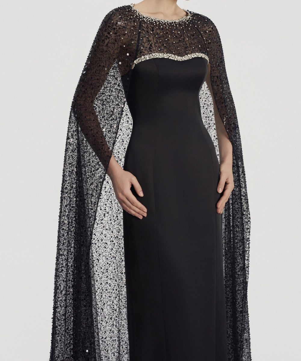 Black Beaded Cape Sleeve Mermaid Formal Evening Gown