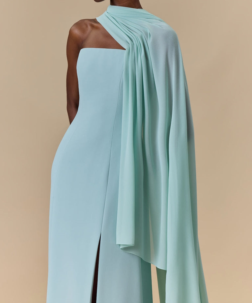 Strapless Draped Cape Sleeve Crepe Evening Gown