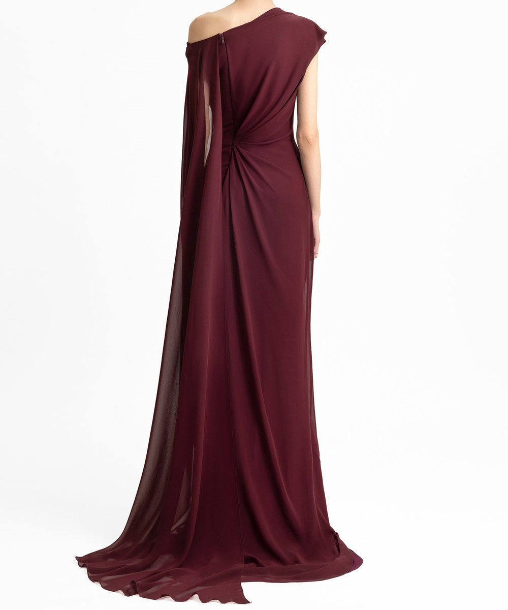 Burgundy Asymmetric Draped Chiffon Gown with Beaded Floral Embellishment