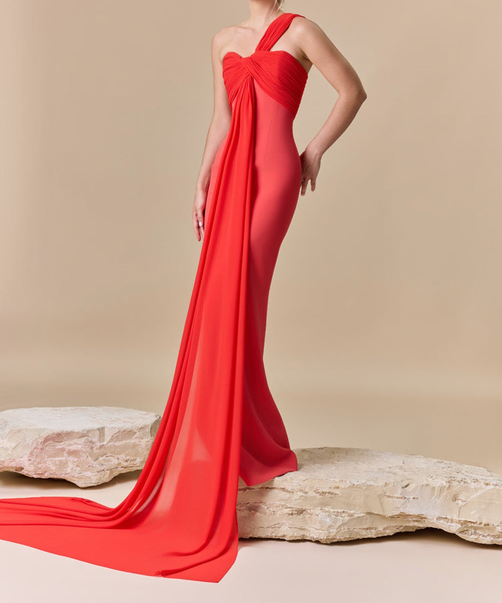 One Shoulder Red Mermaid Evening Gown With Draped Chiffon Train