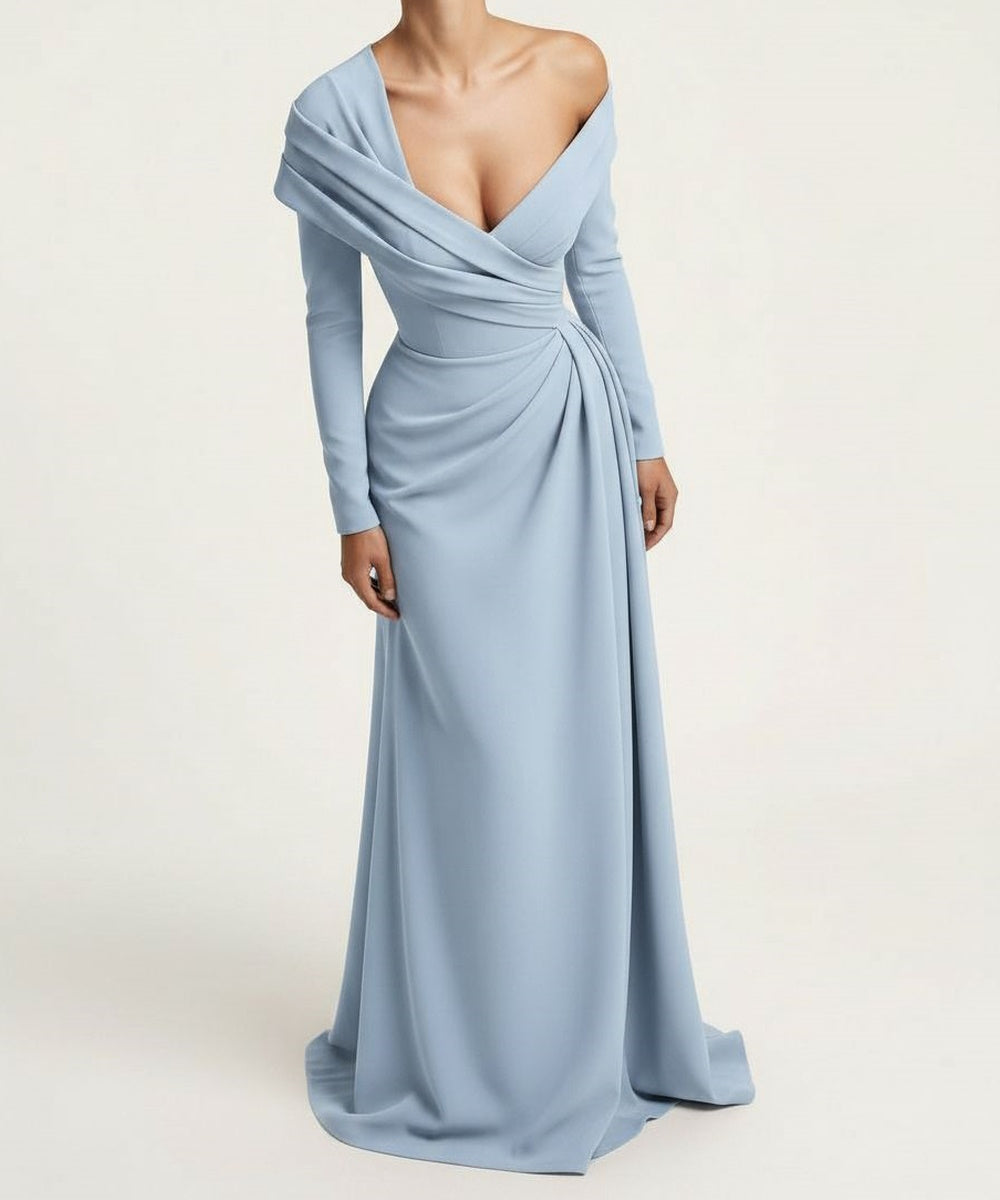 Dusty Blue Off Shoulder Cross Draped Long Sleeve Mermaid Evening Gown