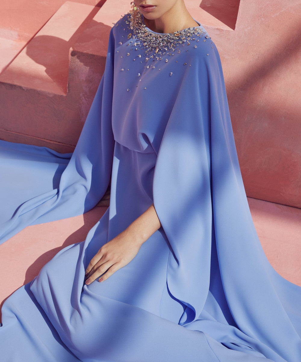 Elegant Cape Sleeve Rhinestone Neckline Loose Satin Maxi Evening Abaya Dress