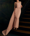 Blush Strapless Column Gown With Bow Sash And Overskirt Train