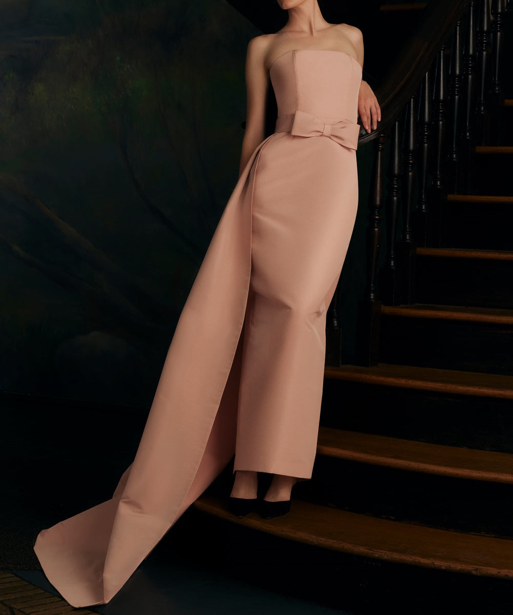 Blush Strapless Column Gown With Bow Sash And Overskirt Train