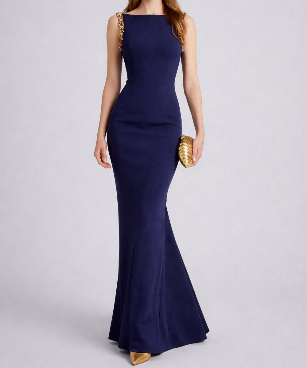 Navy Boat Neck Gold Beaded Strap Mermaid Maxi Evening Gown