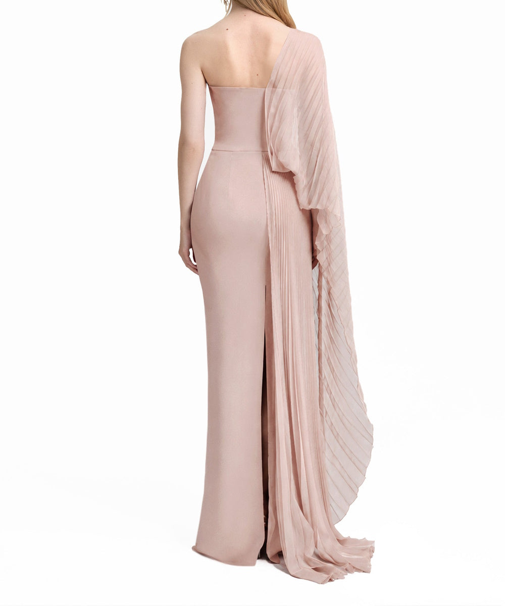 Dusty Pink Strapless Mermaid Maxi Gown with Pleated Chiffon Cape Sleeve