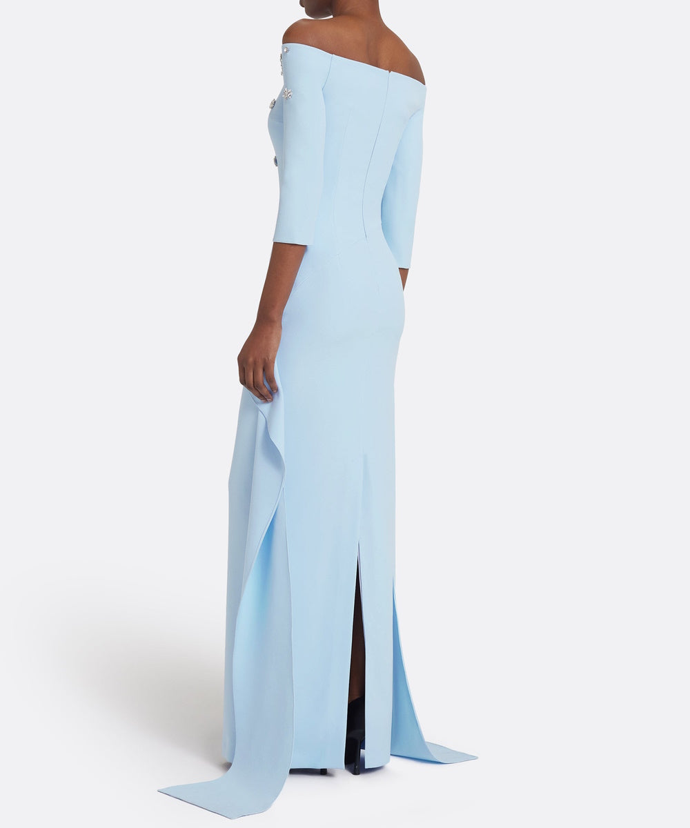 Light Blue Off‑The‑Shoulder Embellished Crepe Gown With Draped Ruffle Panel Train
