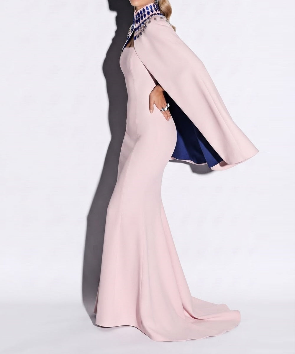 Blush Pink Crystal Embellished High Neck Short Cape Overlay Mermaid Evening Gown