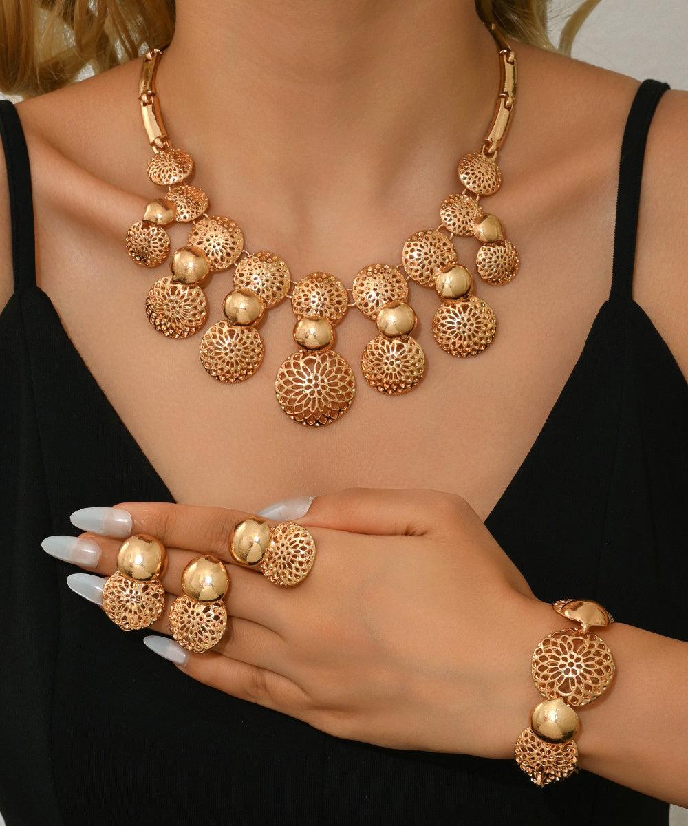 Vintage Gold Hollow Floral Disc Statement Jewelry Set 4 Pieces