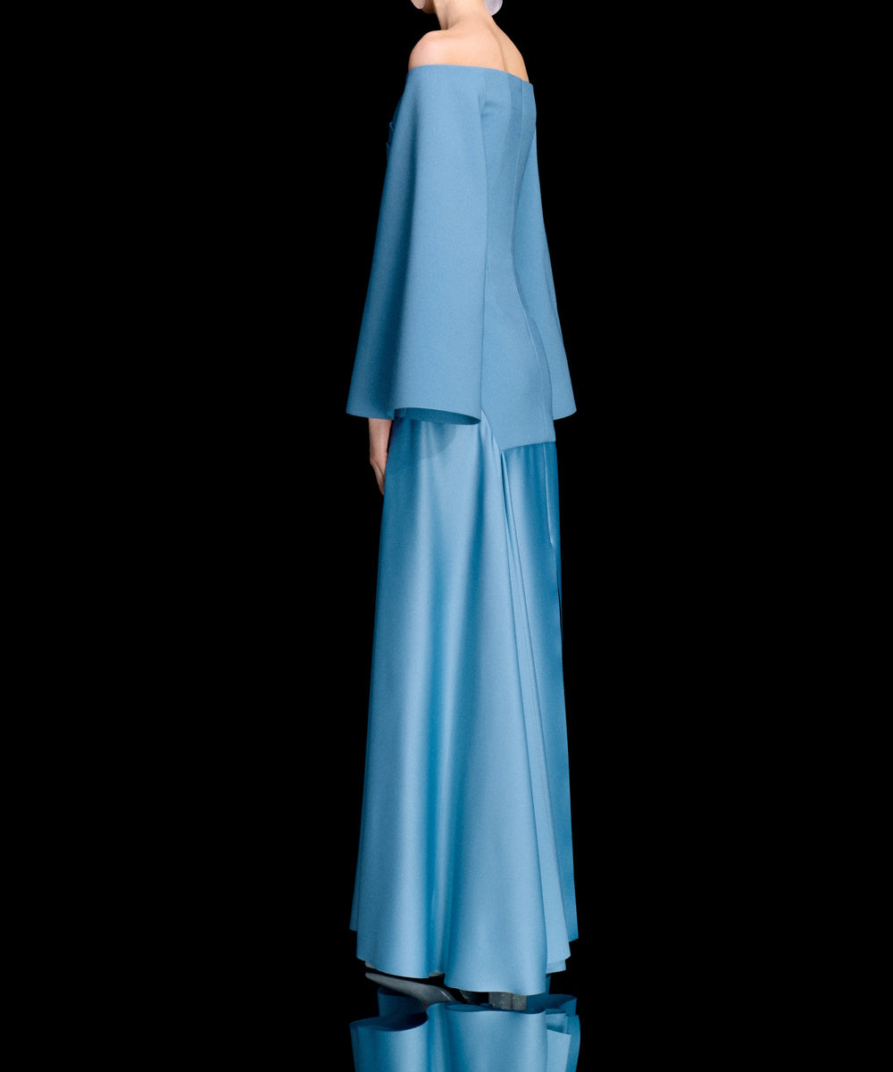 Off Shoulder Flare Sleeve Mixed Fabric Satin Maxi Evening Gown