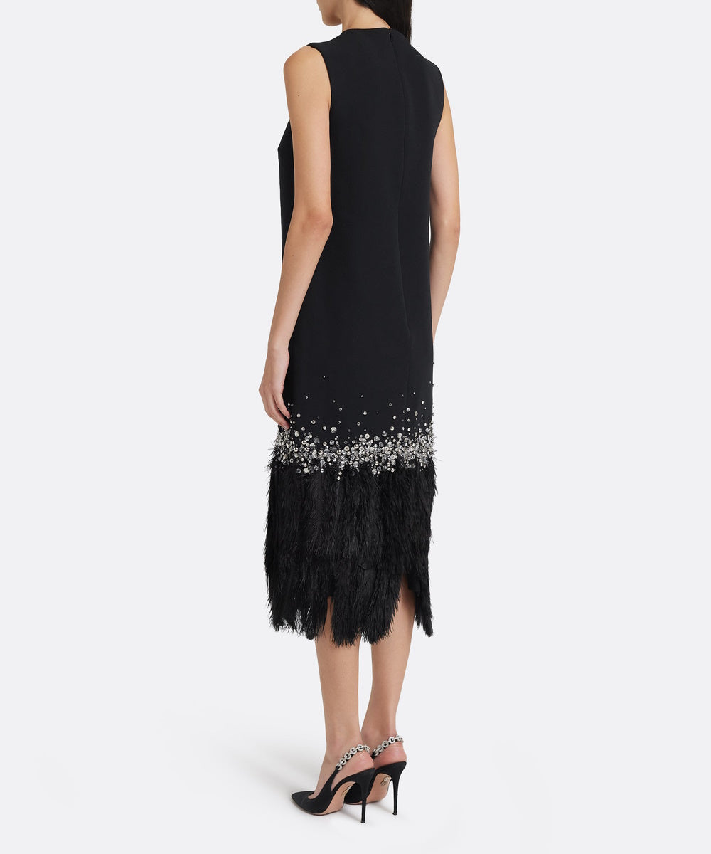Sleeveless Shift Midi Dress With Crystal Beading And Feather Hem