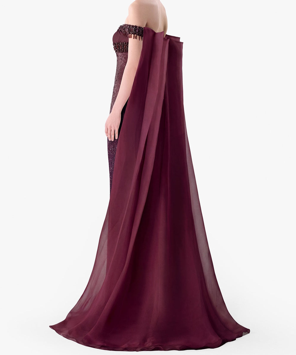 Plum Off Shoulder Sequin Mermaid Gown With Sheer Chiffon Cape Train