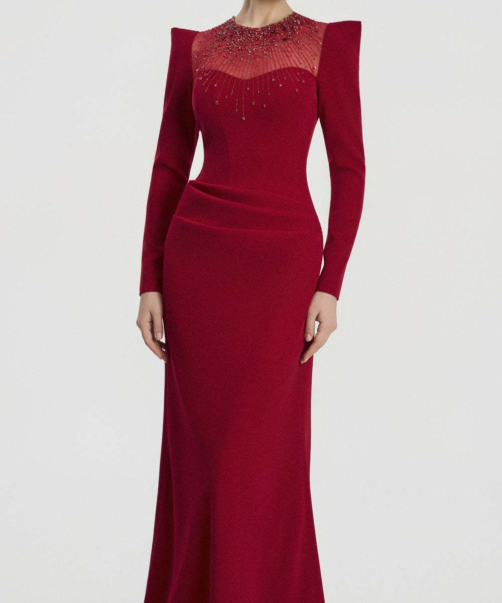 Red Structured Shoulder Long Sleeve Beaded Mermaid Evening Gown