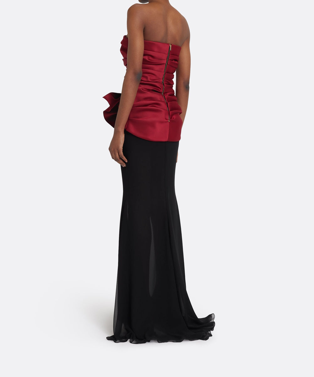 Burgundy Strapless Satin Ruched Bow Bodice Black Chiffon Mermaid Evening Gown