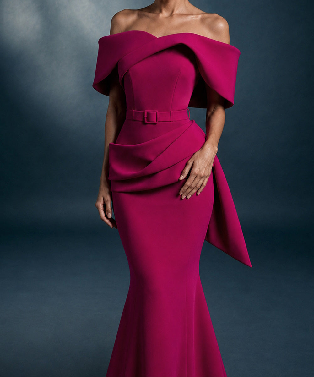 Fuchsia Off‑The‑Shoulder Draped Mermaid Evening Gown With Belt & Side Bow Detail