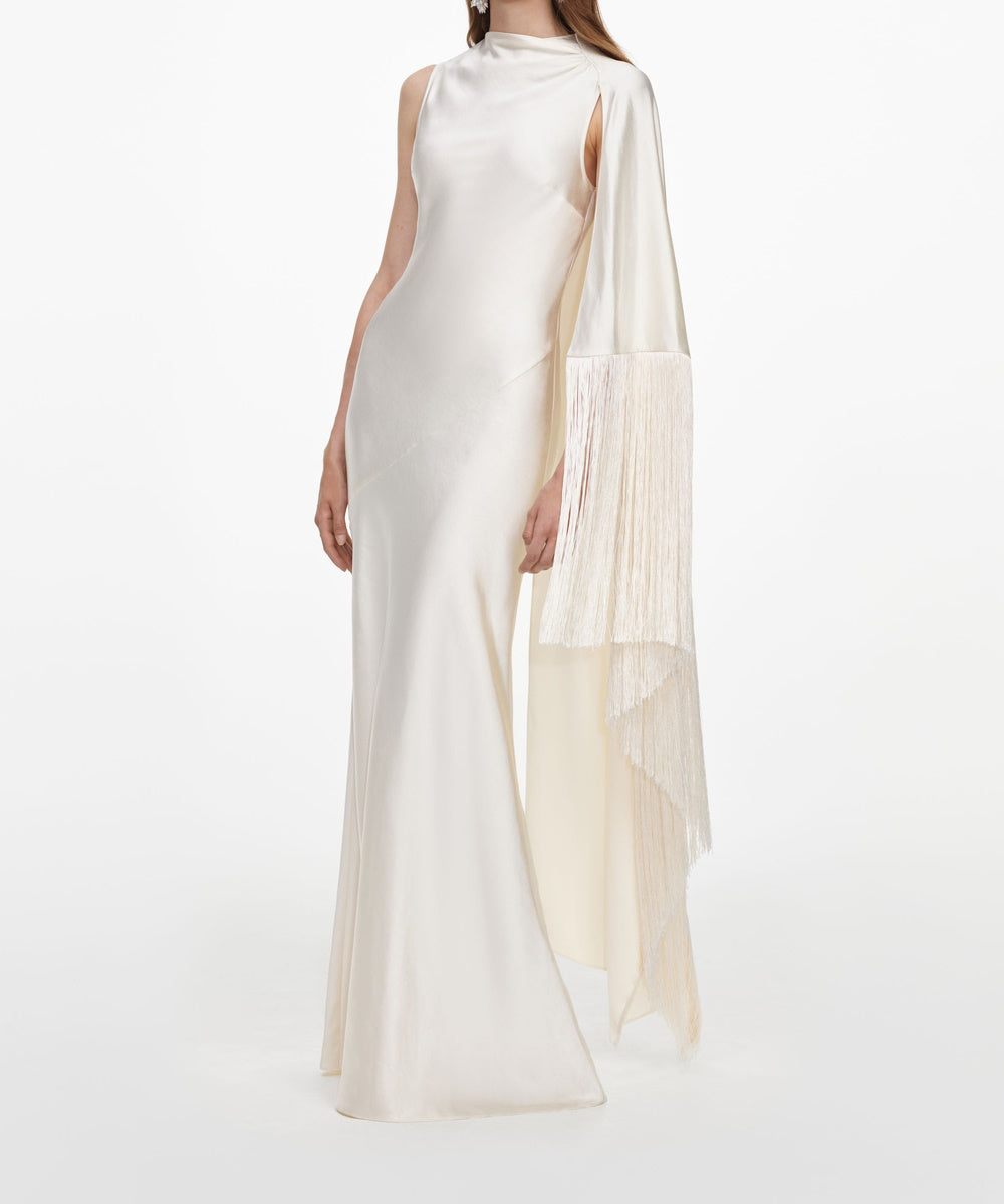 Ivory Satin High Neck Mermaid Gown with Fringe Cape Sleeve