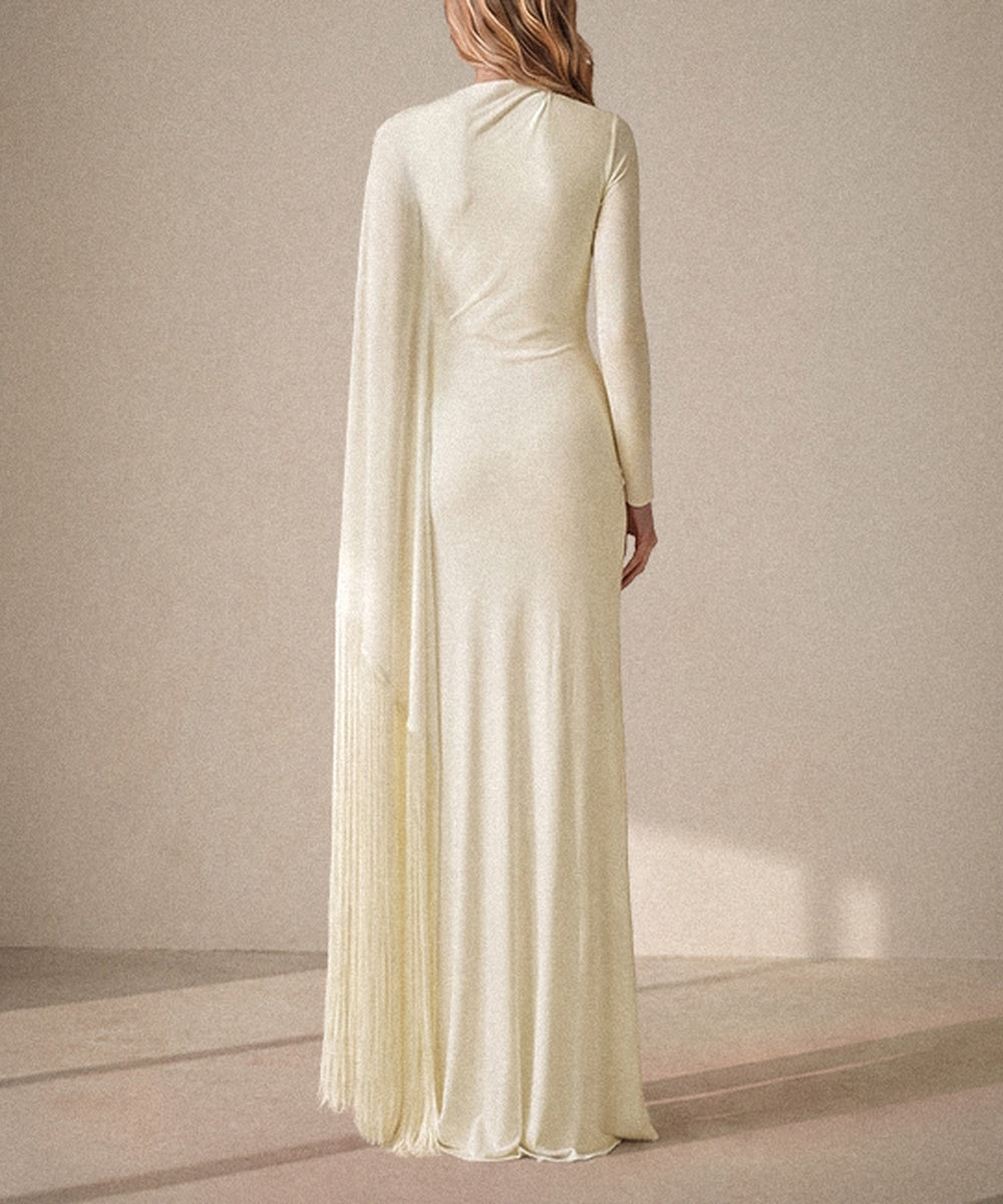 Cream High Neck Asymmetric Draped Fringe Cape Sleeve Mermaid Maxi Evening Gown
