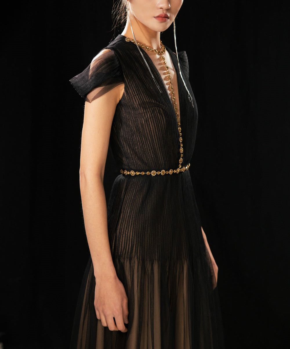 Black Pleated Tulle Deep V Gold Beaded A-Line Evening Gown