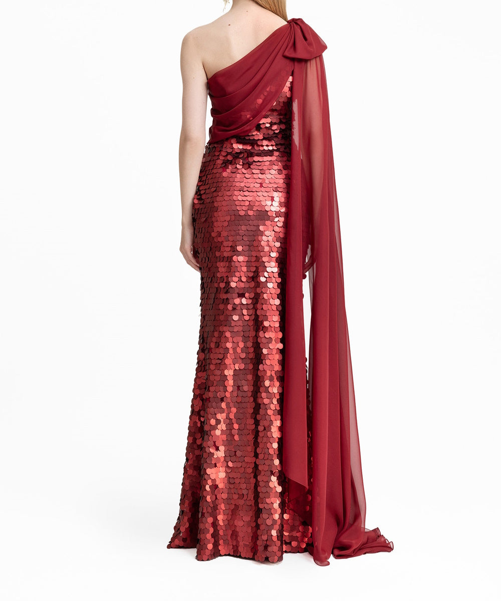 Burgundy One‑Shoulder Chiffon Cape Sequin Mermaid Evening Gown