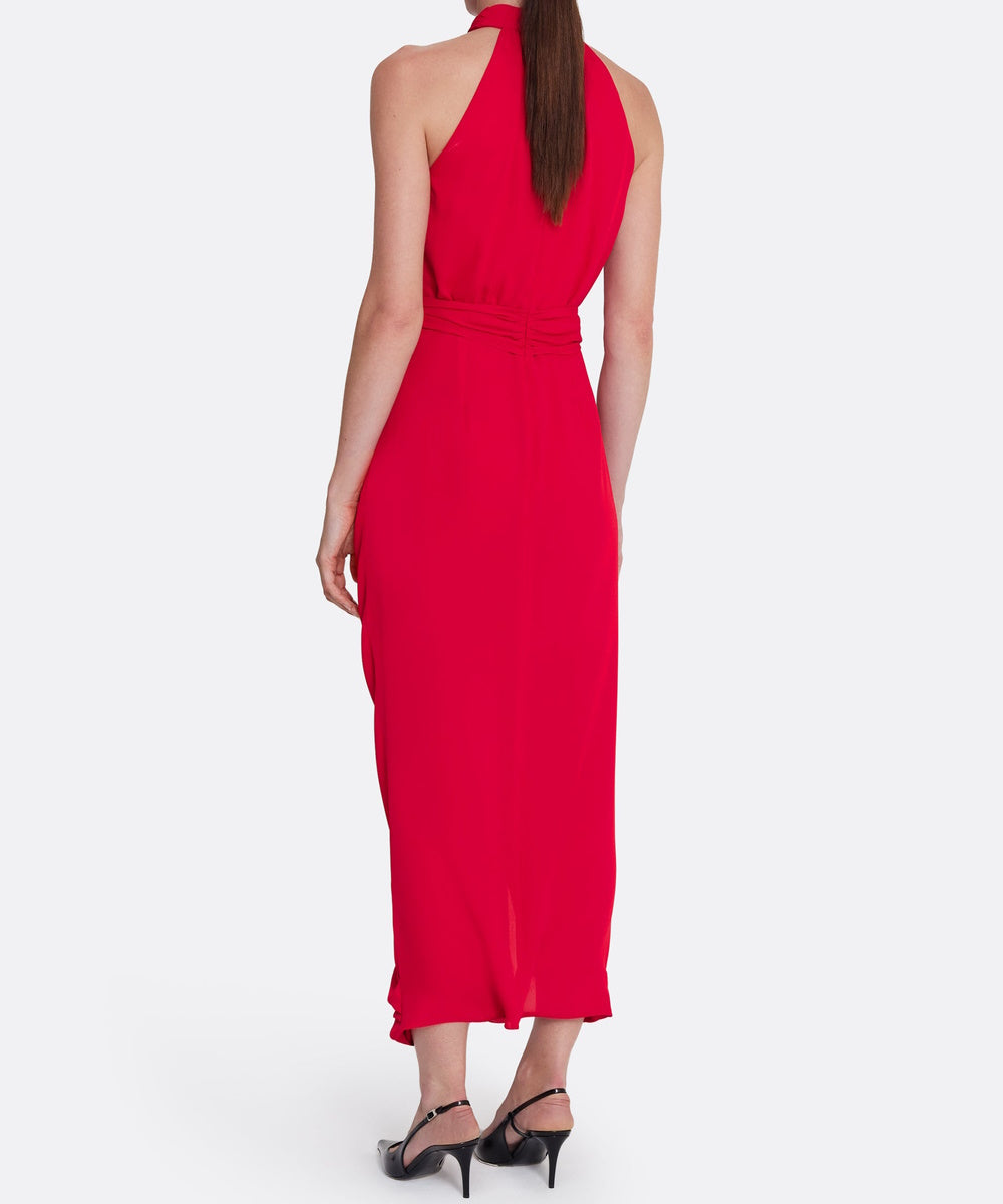 Red Halter Neck Bow Tie Draped Midi Chiffon Cocktail Dress