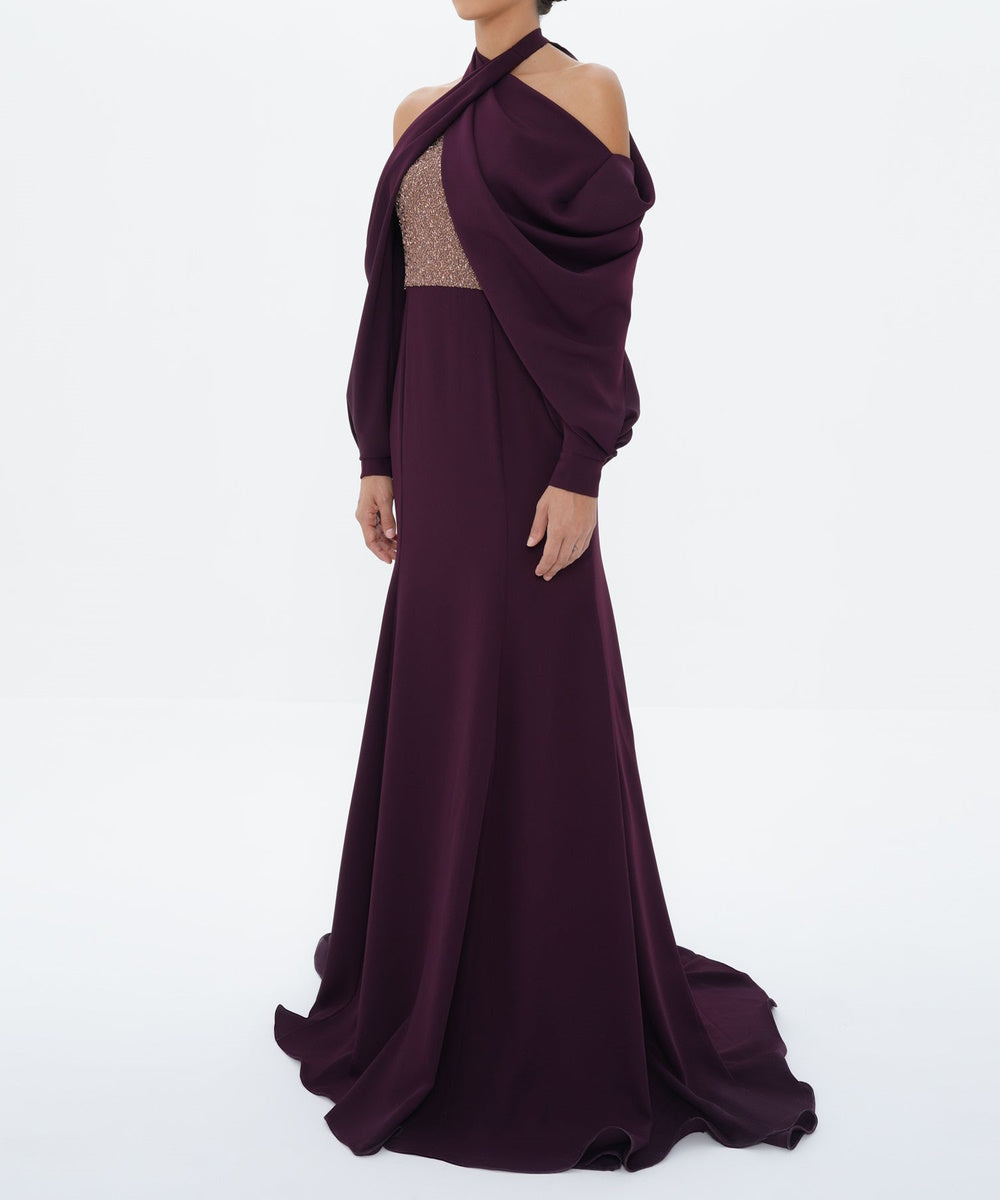Plum Halter Cross Neck Beaded Panel Draped Long Sleeve Mermaid Evening Gown
