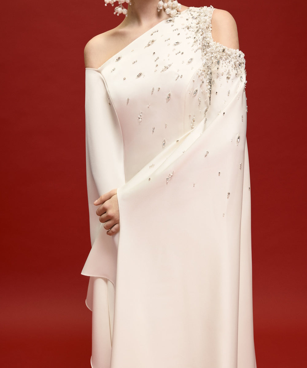 White Asymmetrical One Shoulder Beaded Cape Sleeve Floor Length Formal Evening Gown