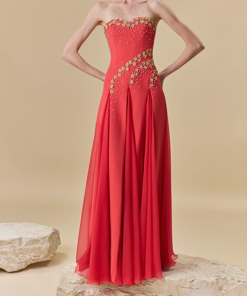 Strapless Sweetheart Red Chiffon Evening Gown With Gold Beading