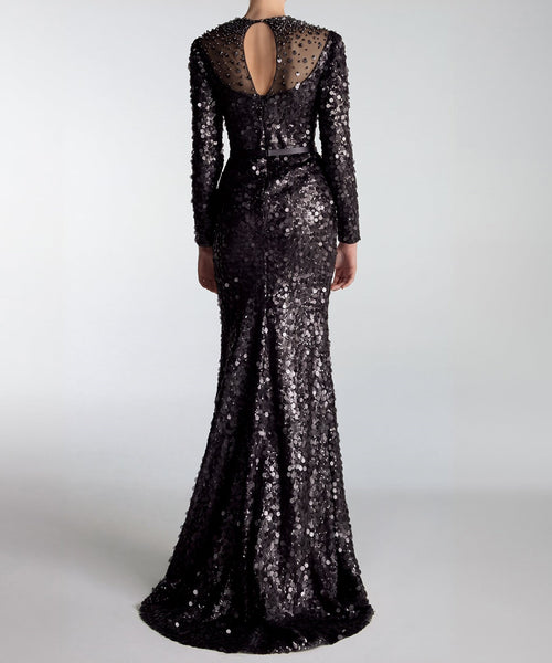 Black Long Sleeve Beaded Sequin Mermaid Evening Gown