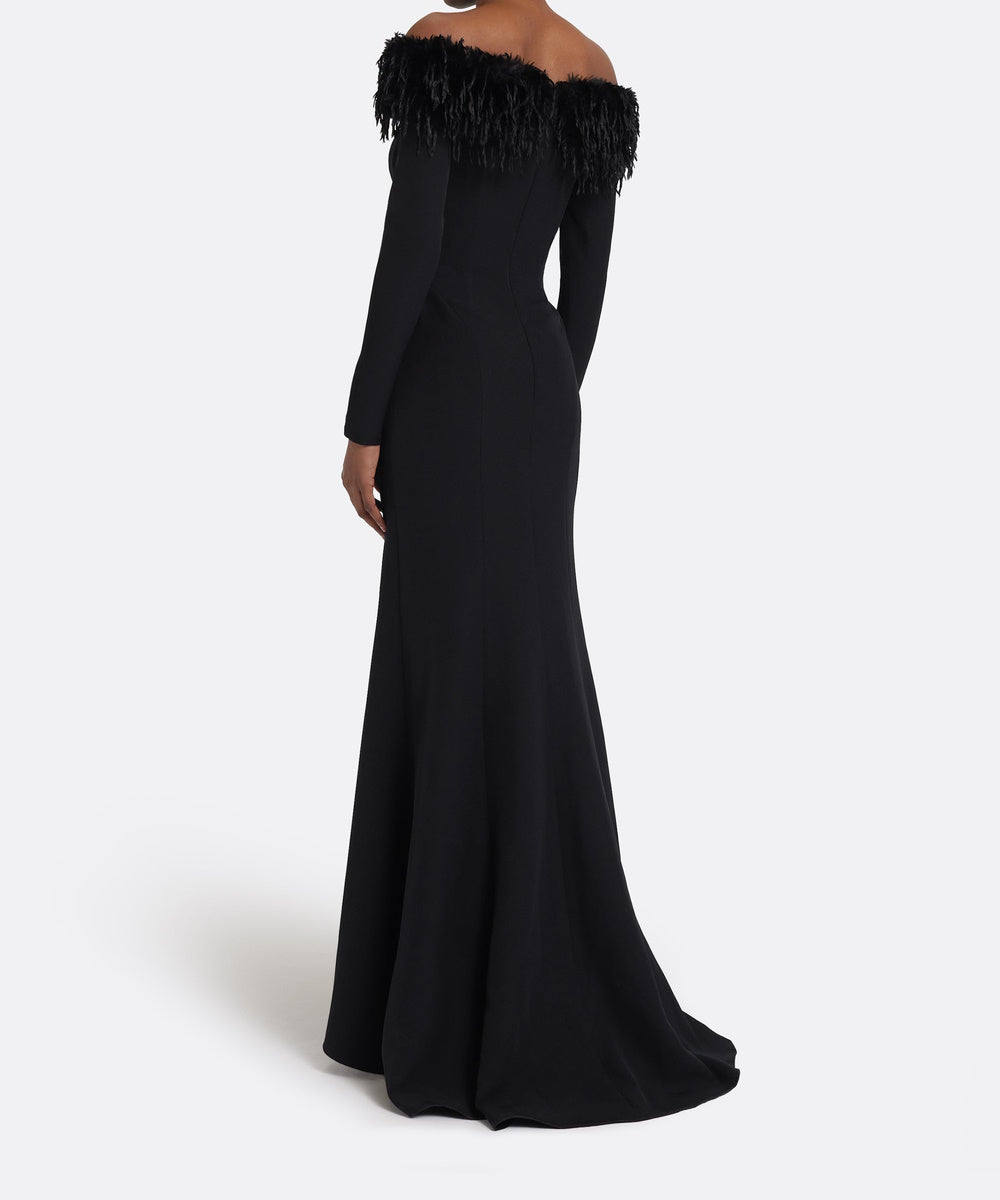 Black Off The Shoulder Feather Trim Long Sleeve Mermaid Evening Gown